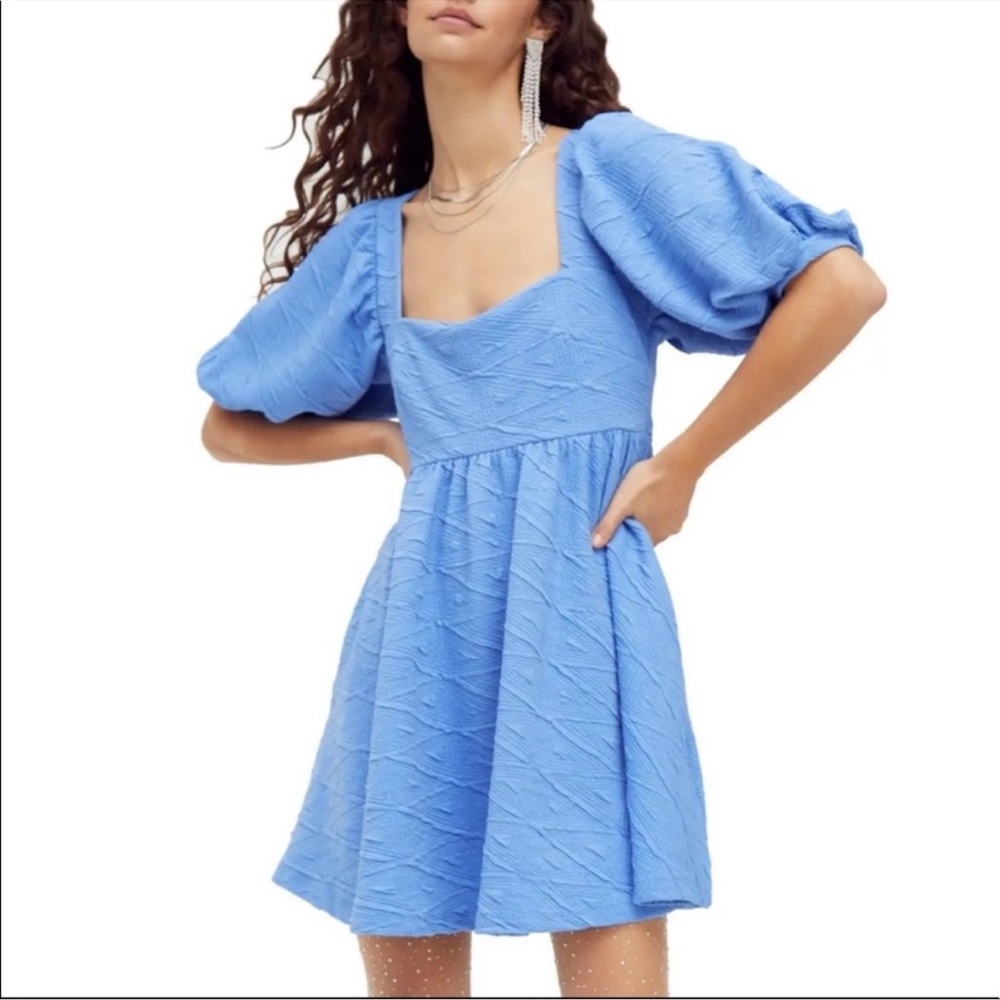 Free People cut out back mini dress blue back tie puff sleeve babydoll dress